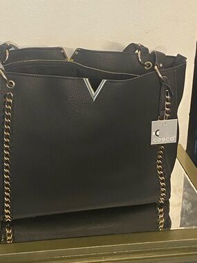 Cesca Black Tote with Gold Chain Trim